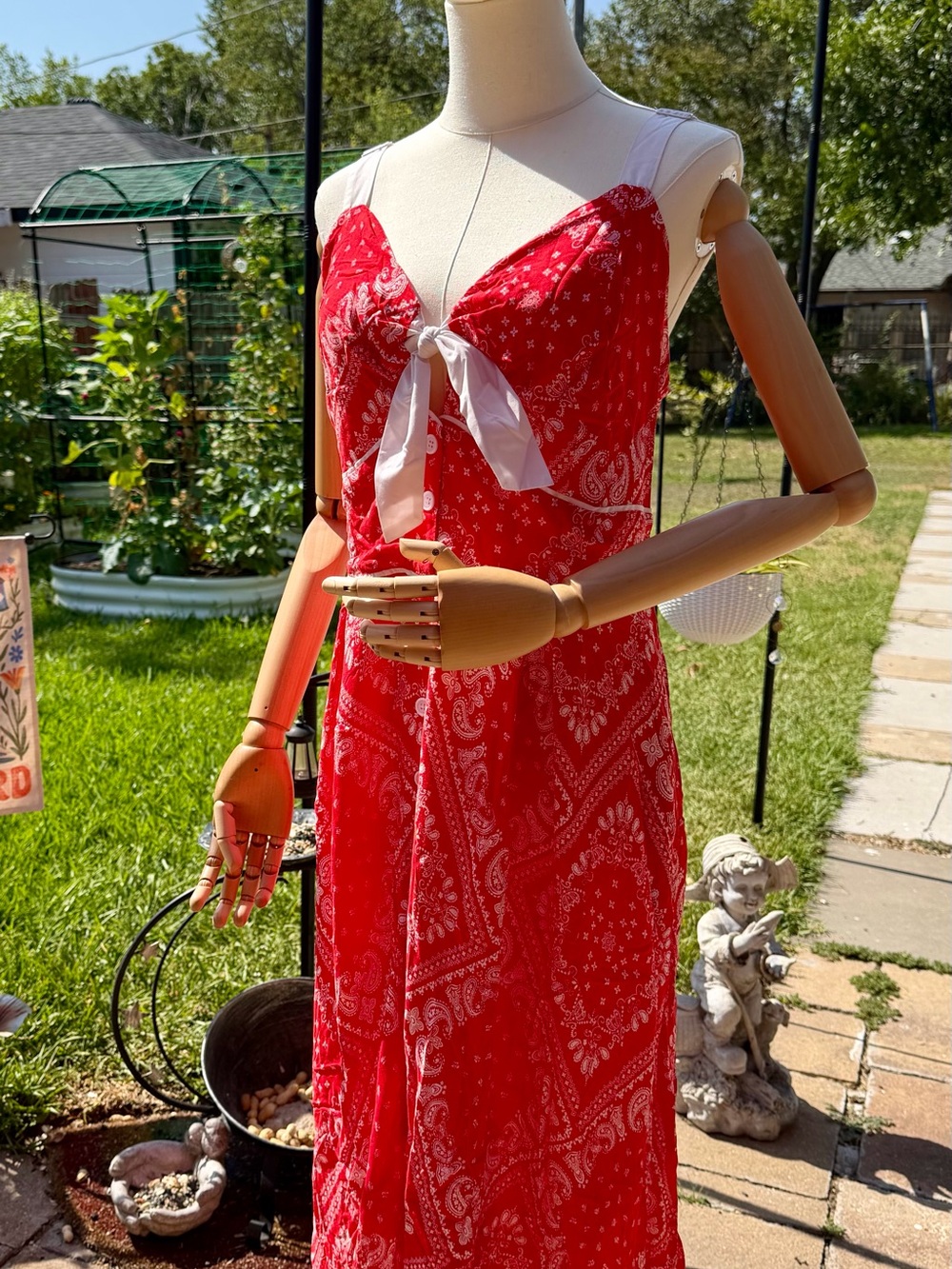 Unique Vintage Red Bandana-Print Tie-Front Maxi Dress